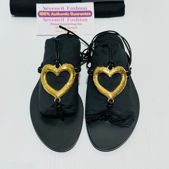 Saint Laurent Love Gold Heart EU 37 US 7 Gladiator Sandals Black Leather NIB - Picture 4 of 9